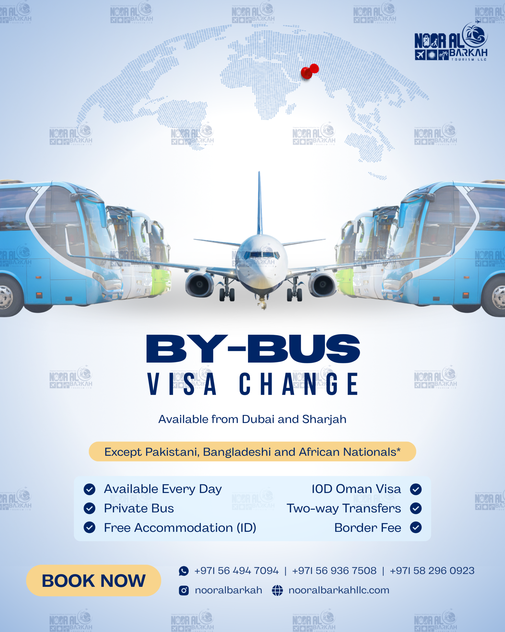 Promotional Flyer for By-Bus Visa Change Packages, available from Dubai and Sharjah.