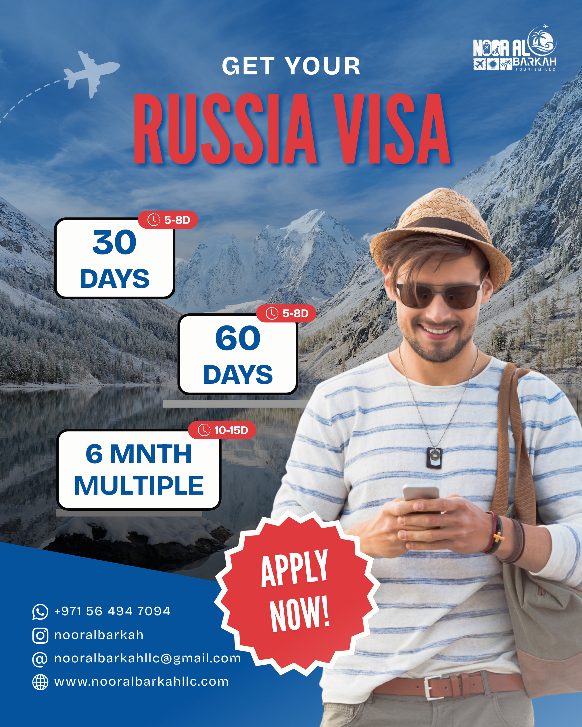 Promotional Flyer for Russia Visas, featuring 30 Days, 60 Days and 6 Months Multiple-Entry options
